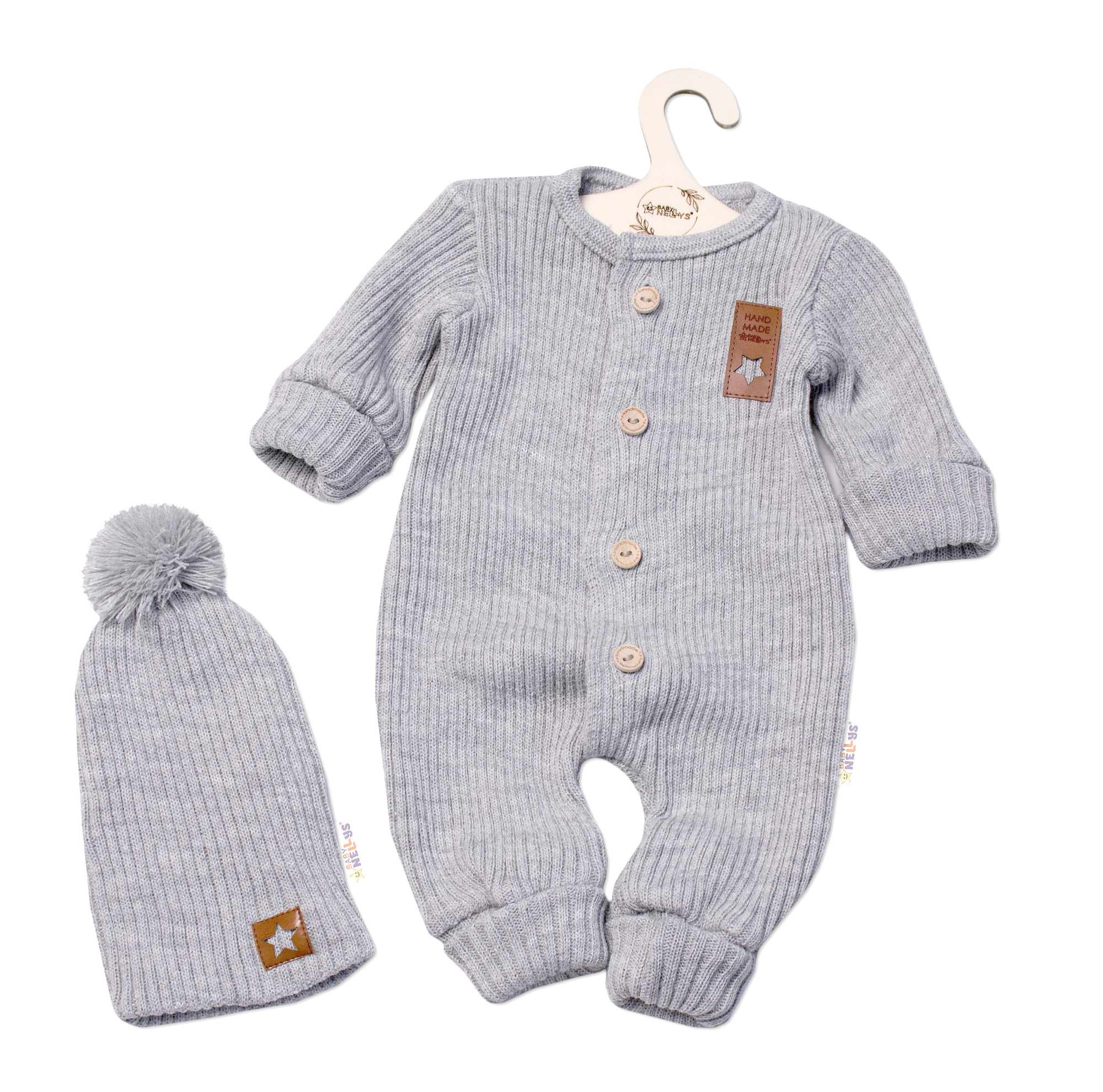 Baby Nellys 2D Pletený overálek STAR + čepice Hand Made, šeda, vel. 80/86