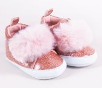 YO! Kojenecké boty/capáčky lakýrky Girl s kožešinou - růžový brokát