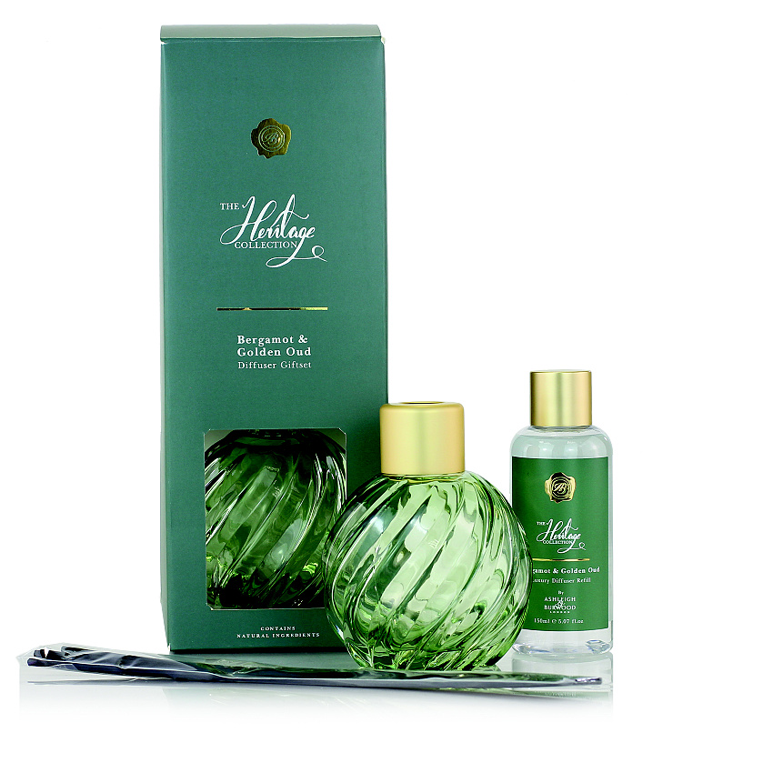 Ashleigh & Burwood London Dárková sada skleněný difuzér GREEN s náplní BERGAMOT & GOLDEN OUD 150 ml
