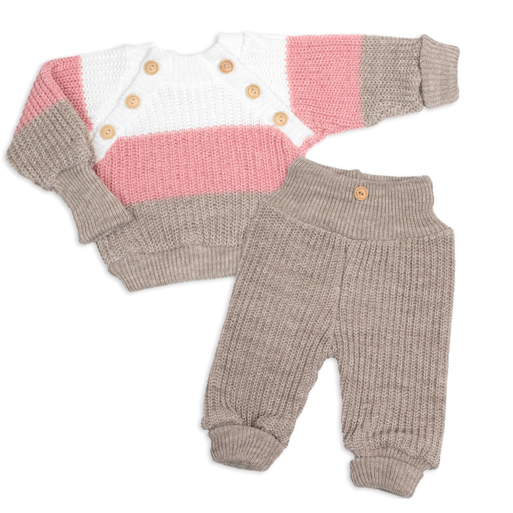 Baby Nellys Rostoucí pletený svetřík a kalhoty s knoflíčky Girl, 2D - proužky, vel. 80/86
