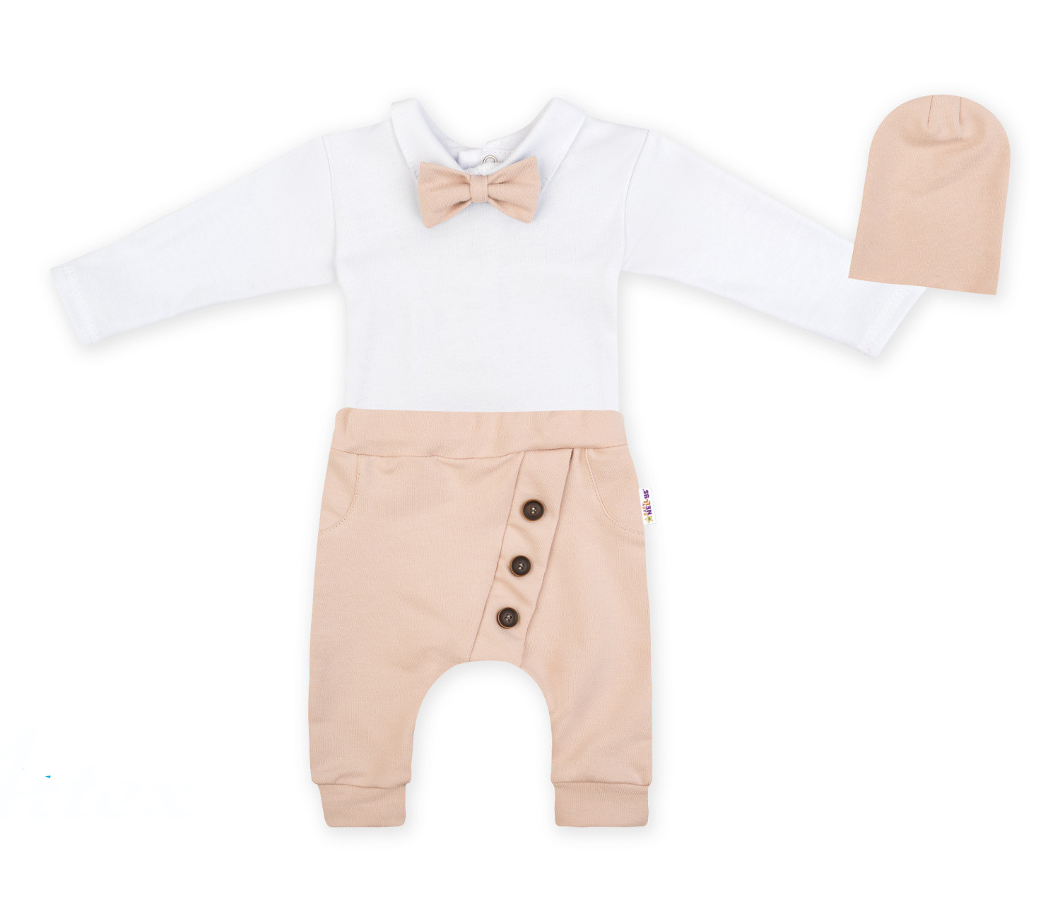 Baby Nellys 3-dílná sada Hubert, body s motýlkem, tepláčky a čepička - béžový, vel. 98 vel.  98