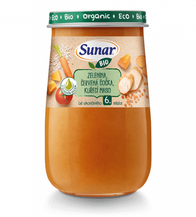 Sunar  BIO zelenina, červená čočka, kuřecí maso, olivový olej 190g