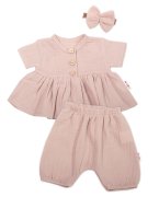 Baby Nellys 3-dílná mušelínová soupr., tunika/halenka, kraťasky, čelenka, béžová vel.  80