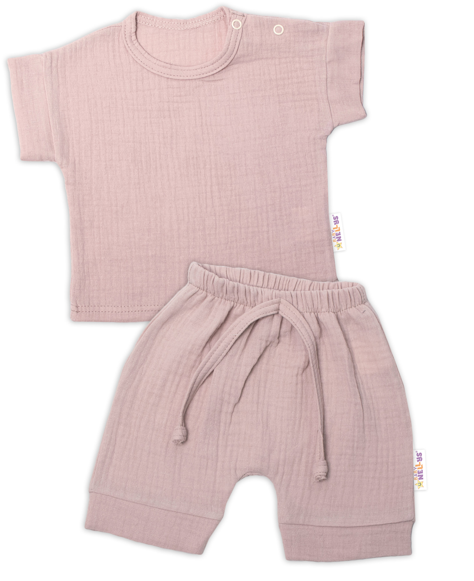 Baby Nellys 2-dílná mušelínová soupravička, tričko + kraťasky BOY, béžová vel.  62