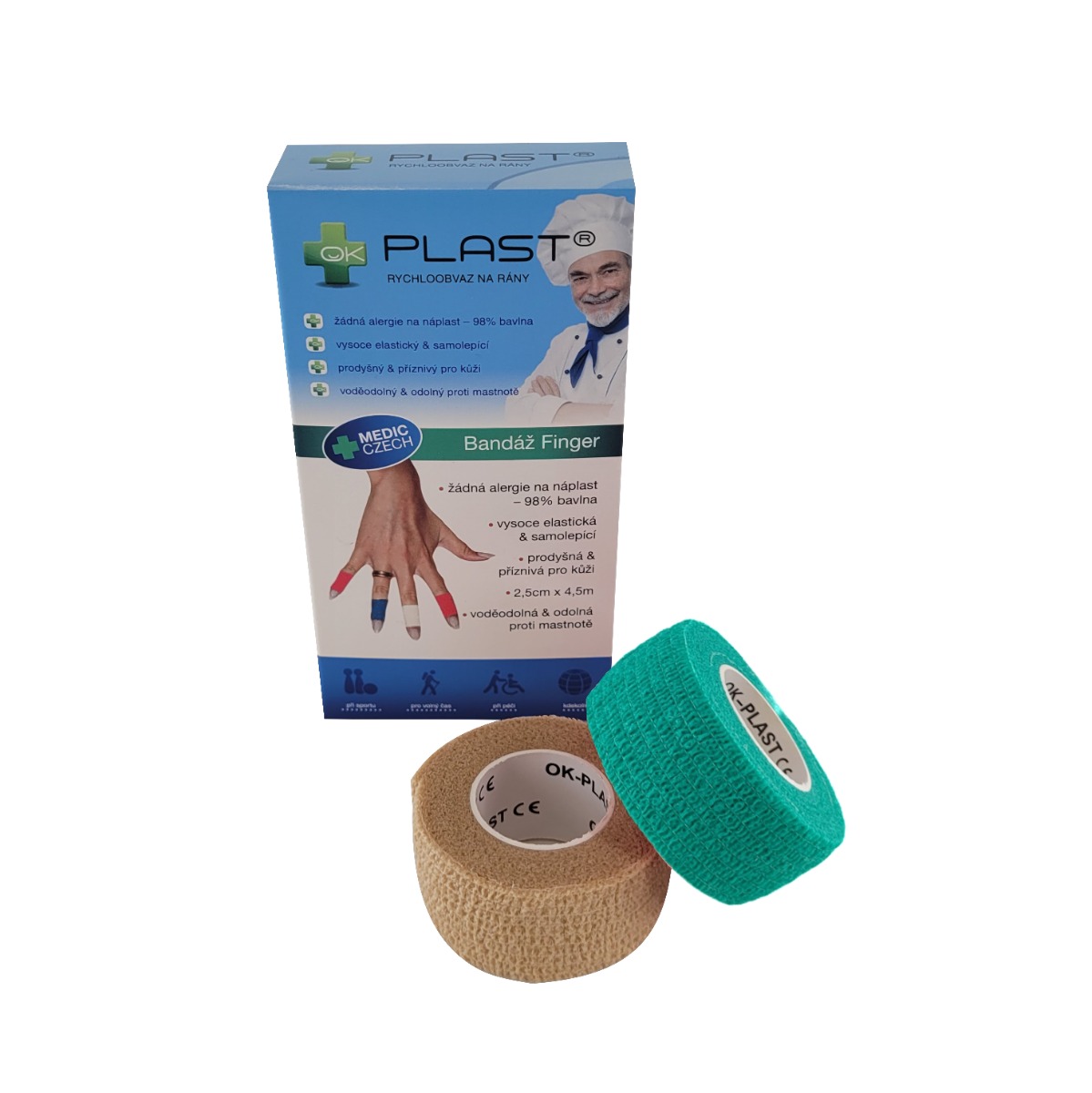 OK-plast Rychloobvaz Bandáž Finger 2,5 cm x 4,5 m 2 ks tělová a zelená