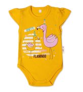 Baby Nellys Bavlněné kojenecké body, kr. rukáv, Flamingo - hořčicové
