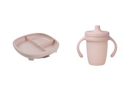 B.BOX Dělený talířek s přísavkou + silikonový hrneček s pítkem 240 ml - set růžový