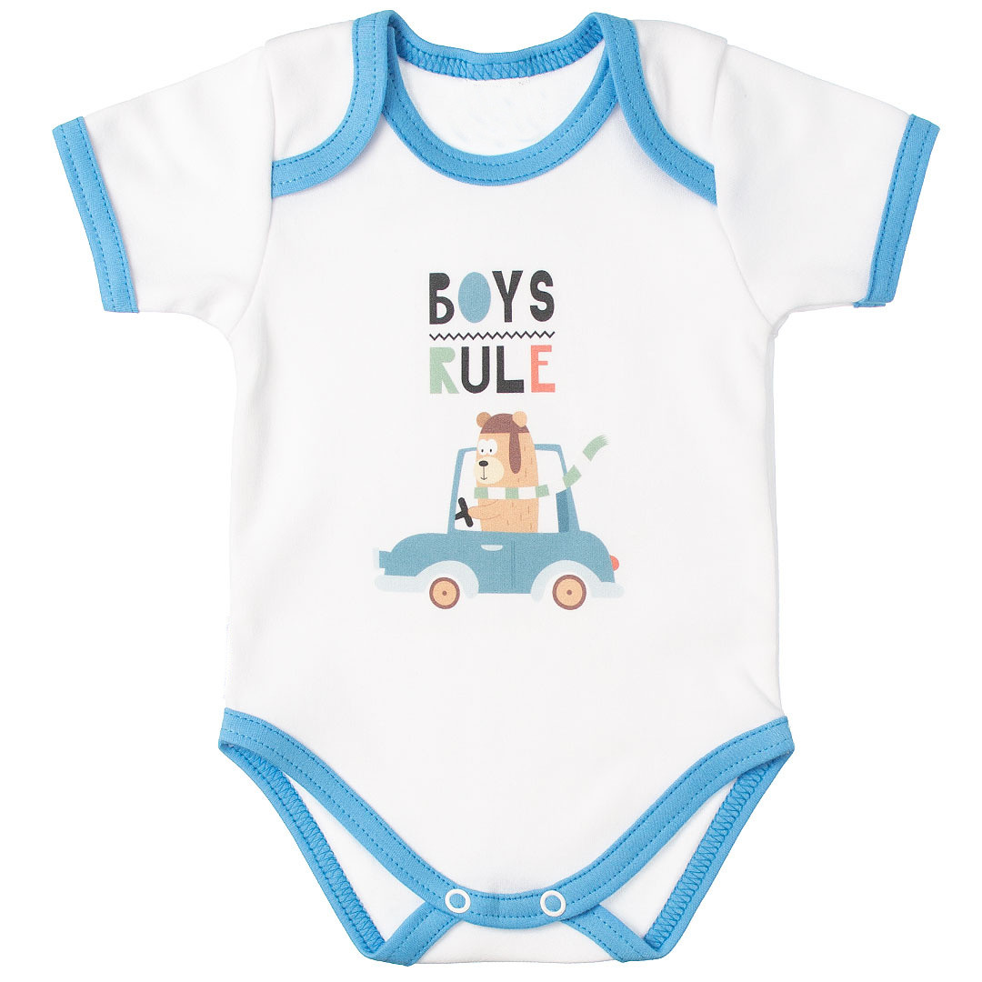 MBaby Bavlněné body s krátkým rukávem, Méďa Boys Rule, bílo/modré, vel. 80