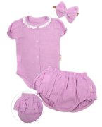 Baby Nellys 3-dílná mušelínová soupravička, body, kraťasky + čelenka GIRL, lila, vel. 74 vel.  74