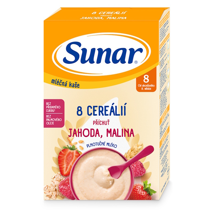 Sunar mléčná kaše s 8 cereáliemi jahoda, malina 210g